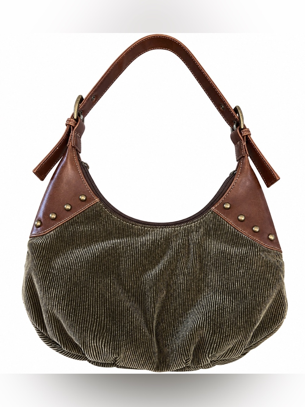 Y2K Brown Corduroy Hobo Shoulder Bag Studded Boho Slouchy Purse 2000s Nostalgia